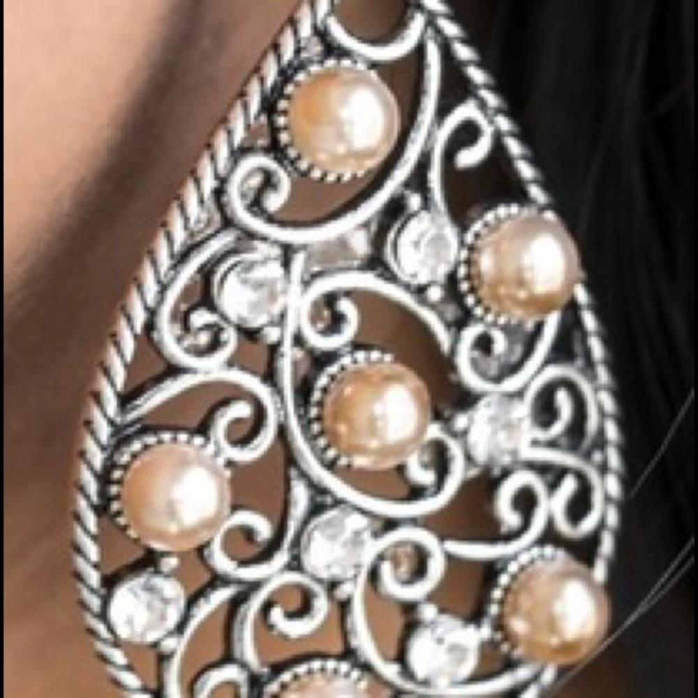Brown and silver Pearl teardrop earrings